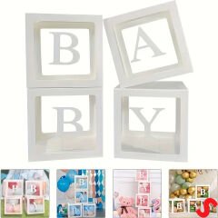 Baby Yazılı Şeffaf Balon Kutusu, 30cm x 4 Adetli Set - Beyaz