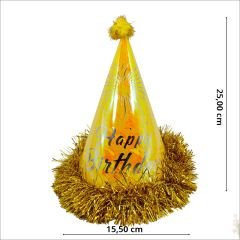 Happy Birthday, Metalik Baskılı Karton Şapka, 25 cm - Sarı
