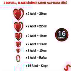 3 Boyutlu Döner Sarkıt 16 Adet Kalp Tavan SüS Seti