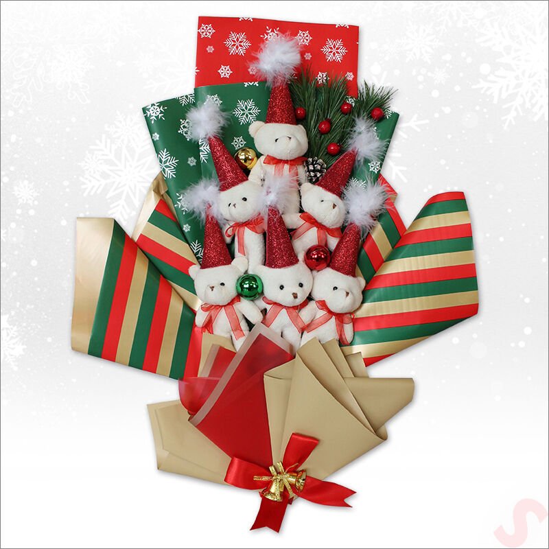 6 Pelüş Ayıcıklı ve Led Işıklı Yılbaşı Buketi, 57cm x 45cm