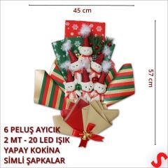6 Pelüş Ayıcıklı ve Led Işıklı Yılbaşı Buketi, 57cm x 45cm