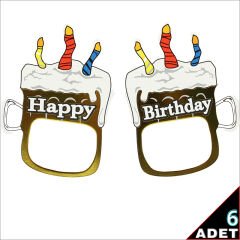 Happy Birthday Karton Gözlük, 15cm x 10cm x 6 Adet - Beyaz