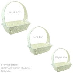 Saplı Dikdörtgen Kumaş Süslü Sepet, 30 cm, Orta Boy Taş Rengi
