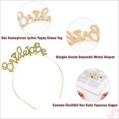 Kristal Parlak Taşlı, Metal Bride To Be Taç - Altın