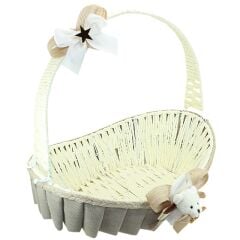 Saplı Oval Kumaş Süslü Sepet, 41 cm, Büyük Boy, Taş Rengi