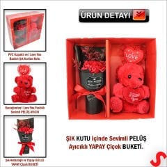 Kırmızı Pelüş Ayıcıklı ve Kutulu Yapay Çiçek Buketi - 25cm