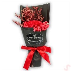 Kırmızı Pelüş Ayıcıklı ve Kutulu Yapay Çiçek Buketi - 25cm