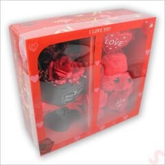 Kırmızı Pelüş Ayıcıklı ve Kutulu Yapay Çiçek Buketi - 25cm