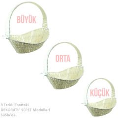 Saplı Oval Kumaş Süslü Sepet, 36 cm, Orta Boy, Taş Rengi