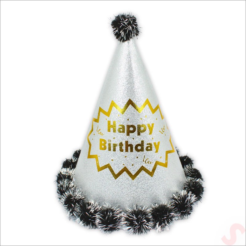Ponponlu Happy Birthday Şapka, 20cm x 1 Adet - Gümüş
