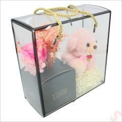Pembe Pelüş Ayıcıklı ve Kutulu Yapay Çiçek Buketi - 20cm