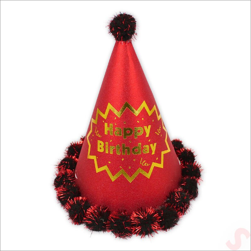 Ponponlu Happy Birthday Şapka, 20cm x 1 Adet - Kırmızı