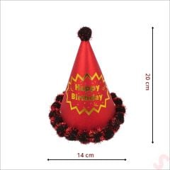 Ponponlu Happy Birthday Şapka, 20cm x 1 Adet - Kırmızı