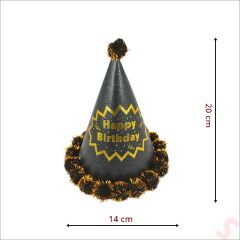 Ponponlu Happy Birthday Şapka, 20cm x 1 Adet - Siyah
