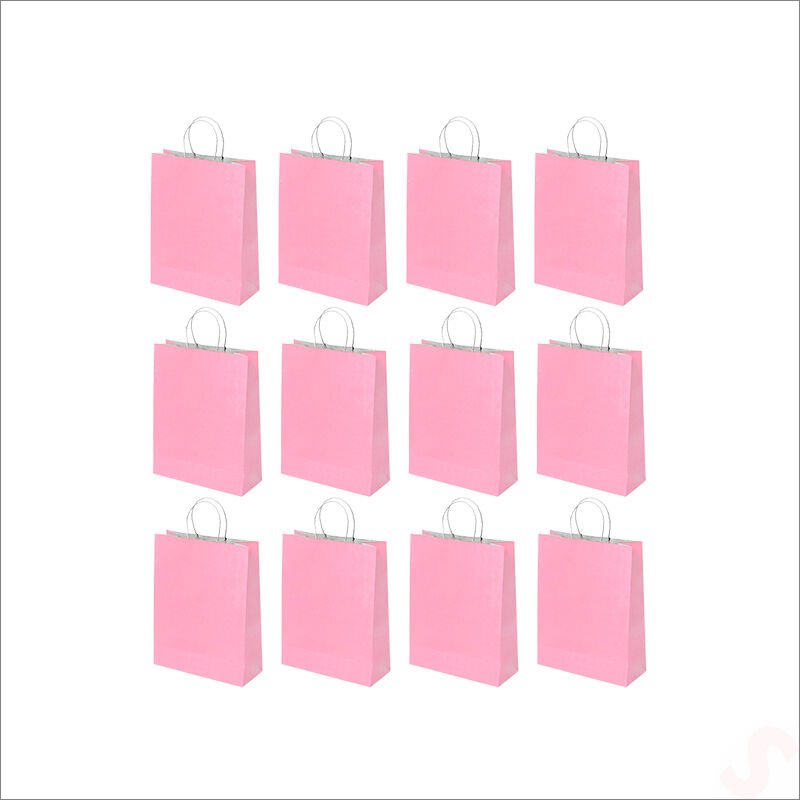 Büküm Saplı Kraft Çanta 22 x 16 x 8 cm, Pembe - 12 Adet
