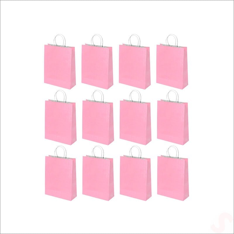 Büküm Saplı Kraft Çanta 22 x 16 x 8 cm, Pembe - 12 Adet