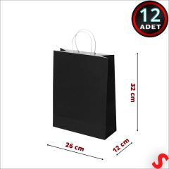 Büküm Saplı Kraft Çanta 32 x 26 x 12 cm, Siyah - 12 Adet