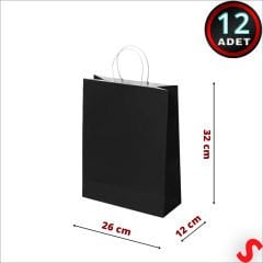 Büküm Saplı Kraft Çanta 32 x 26 x 12 cm, Siyah - 12 Adet