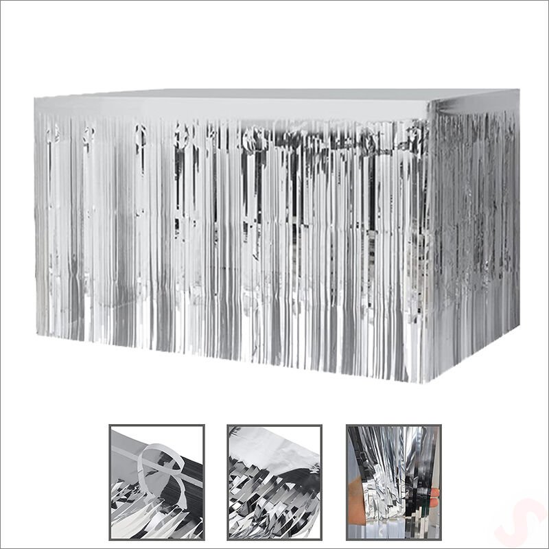Parlak Saçaklı Işıltılı Masa Eteği 75cm x 275cm - Gümüş