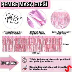 Parlak Saçaklı Işıltılı Masa Eteği 75cm x 275cm - Pembe