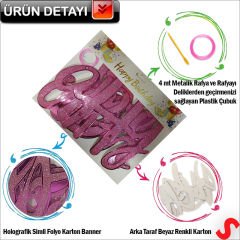 Happy Birthday Simli Folyo Karton Banner, 2 mt - Pembe