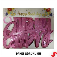 Happy Birthday Simli Folyo Karton Banner, 2 mt - Pembe