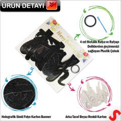 Happy Birthday Simli Folyo Karton Banner, 2 mt - Siyah