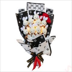 9 Beyaz Pelüş Tavşanlı Led Işıklı Siyah Buket, 65cm x 45cm