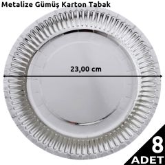 Metalize Gümüş Karton Tabak, 23 cm - 8 Adet