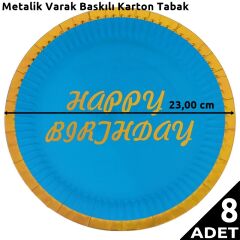 Varak Baskılı, Happy Birthday Karton Tabak, Mavi - 23 cm - 8 Adet