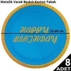 Varak Baskılı, Happy Birthday Karton Tabak, Mavi - 23 cm - 8 Adet