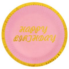 Varak Baskılı, Happy Birthday Karton Tabak, Pembe - 23 cm - 8 Adet