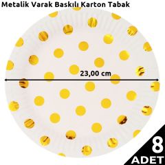 Varak Baskılı, Altın Puanlı Karton Tabak, 23 cm - 8 Adet