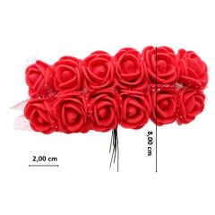 Yapay Çiçek, 12 Adetli Tüllü Lateks Gül Demeti - 8 cm, Kırmızı