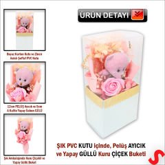 PVC Kutulu,Pelüş Ayıcık ve Pembe Güllü Kuru Çiçek Buketi 26cmx11cm