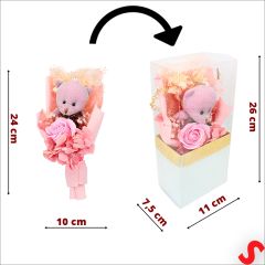 PVC Kutulu,Pelüş Ayıcık ve Pembe Güllü Kuru Çiçek Buketi 26cmx11cm