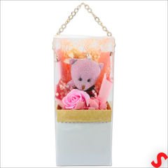 PVC Kutulu,Pelüş Ayıcık ve Pembe Güllü Kuru Çiçek Buketi 26cmx11cm