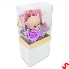 PVC Kutulu,Pelüş Ayıcık ve Mor Güllü Kuru Çiçek Buketi 26cmx11cm