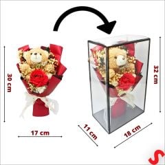 PVC Kutulu,Pelüş Ayıcık ve Kırmızı Güllü Kuru Çiçek Buketi 32cmx18cm