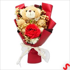 PVC Kutulu,Pelüş Ayıcık ve Kırmızı Güllü Kuru Çiçek Buketi 32cmx18cm