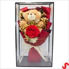 PVC Kutulu,Pelüş Ayıcık ve Kırmızı Güllü Kuru Çiçek Buketi 32cmx18cm
