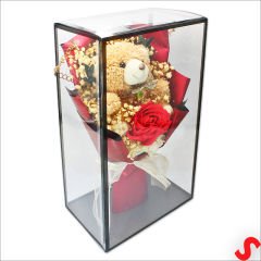 PVC Kutulu,Pelüş Ayıcık ve Kırmızı Güllü Kuru Çiçek Buketi 32cmx18cm