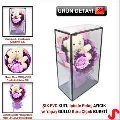 PVC Kutulu,Pelüş Ayıcık ve Mor Güllü Kuru Çiçek Buketi 32cmx18cm