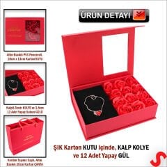 12 Adet Yapay Gül ve Kalp Kolyeli, Çantalı Kutu Seti, Kırmızı