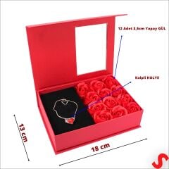12 Adet Yapay Gül ve Kalp Kolyeli, Çantalı Kutu Seti, Kırmızı