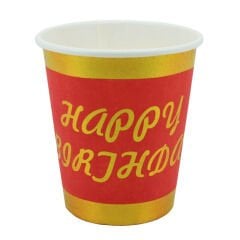 Varak Baskılı, Happy Birthday Karton Bardak, Kırmızı - 8 Adet