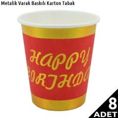 Varak Baskılı, Happy Birthday Karton Bardak, Kırmızı - 8 Adet