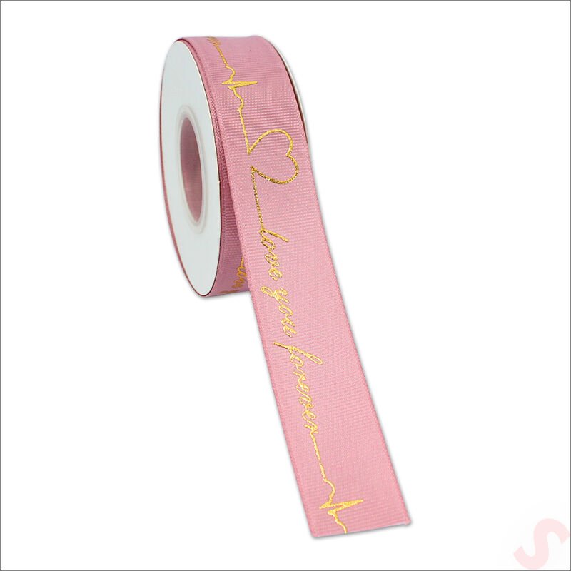 Grogren Kurdele Love You Altın Baskılı, 2,5cm x 23mt - Pembe