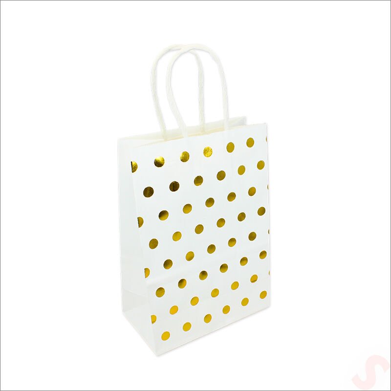 Altın Puanlı Beyaz Karton Çanta, 21 x 15 x 8 cm - 1 Adet
