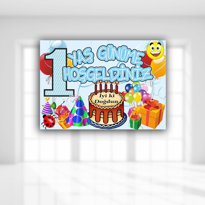 1 Yaş Günüme Hoşgeldiniz Afiş, 70cm x 50cm - Mavi